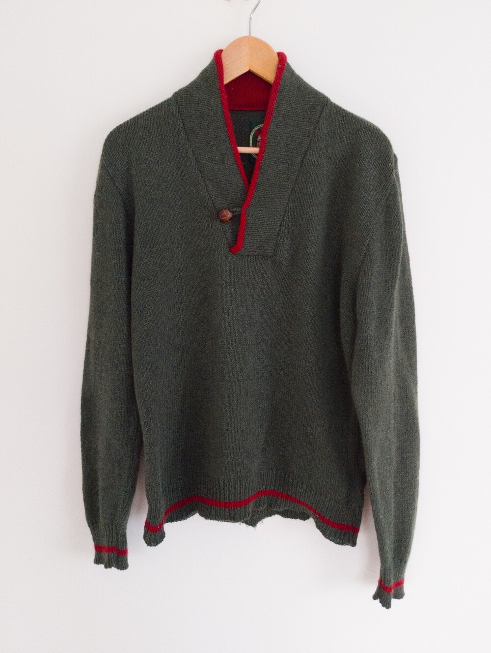 Vintage Alps Rugged Outdoors Wool Sweater Large Shawl Neck Leather Button
